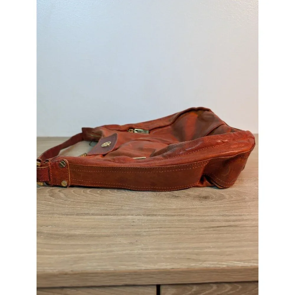 TORY BURCH Hobo PLEATED LEATHER HOBO Shoulder BAG Orange Brown Mirror Flaw